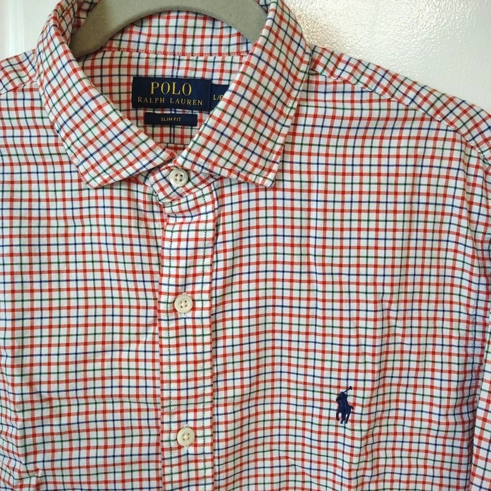 Polo Ralph Lauren Button Down Shirt Mens Large Slim Fit Orange Green Plaid Check